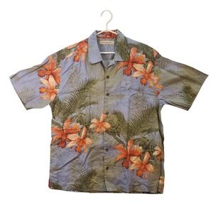 Tommy Bahama Mens Blue Floral Palm Linen Hawaiian Camp Shirt Large Short Sleeve